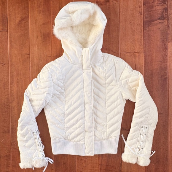 VTG BeBe Hooded Rabbit Fur Puffer Jacket w/ Corset lacing Details Womens S Ivory - Picture 1 of 16